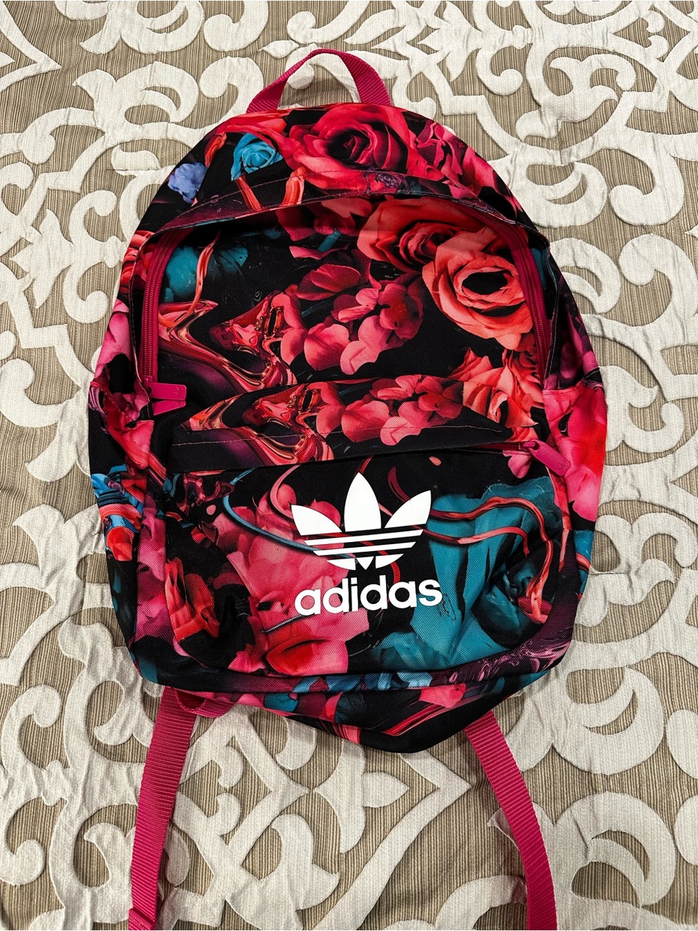 Addidas Floral Rose Print Backpack in Pink & Teal - Picture 2 of 9
